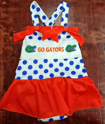 Preorder moq 5 Baby Girls Strap Blue Polka Dots Go Gators Skorts One Piece Swimsuits