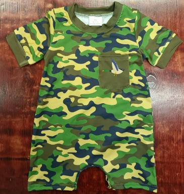 Preorder moq 5 Baby Boys Short Sleeves Green Yellow Duck Pocket Western Rompers