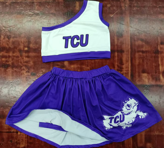Preorder moq 5 Baby Girls One Shoulder Sleeveless Purple TCU Vest Hot Blue Skort Sets
