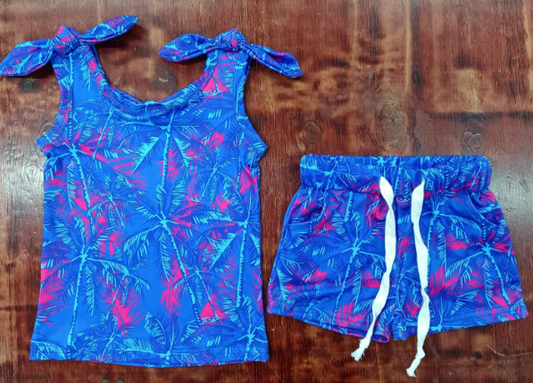 Preorder moq 5 Baby Girls Bows Sleeveless Hot Blue Beach Top Pockets Short Sets