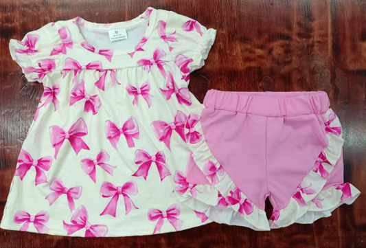 Preorder moq 5 Baby Girls Short Sleeves Pink Bows Tunic Ruffle Short Sets