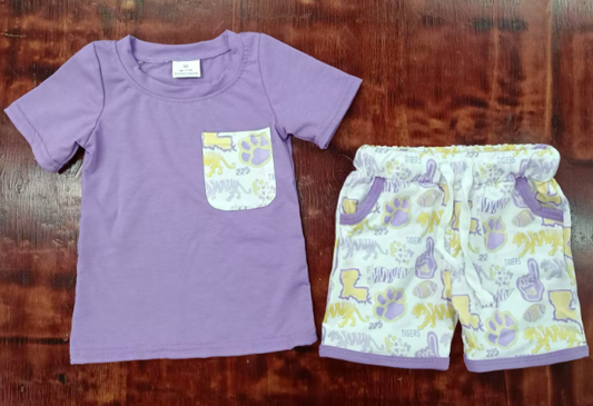 Preorder moq 5 Baby Kids Lavender Short Sleeves Pocket Top Pawl Short Sets