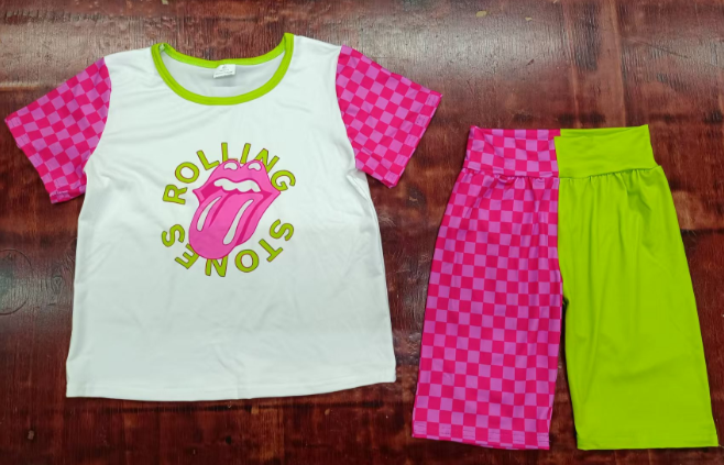 Preorder moq 5 Baby Girls Short Sleeves Stones Rolling Top Aqua Pink Patchwork Mid Short Set