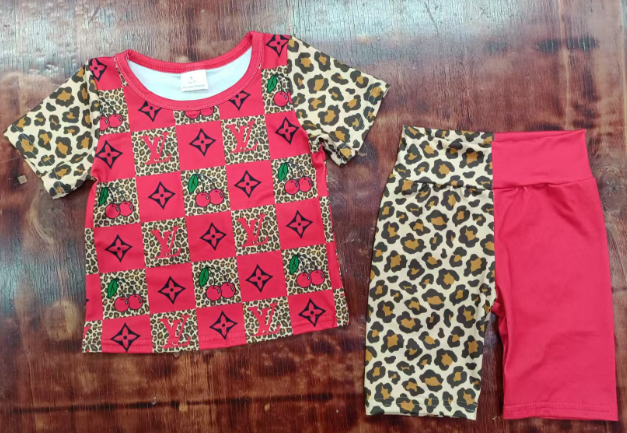Preorder moq 5 Baby Girls Short Sleeves Leopard Cherry Top Patchwork Mid Short Set