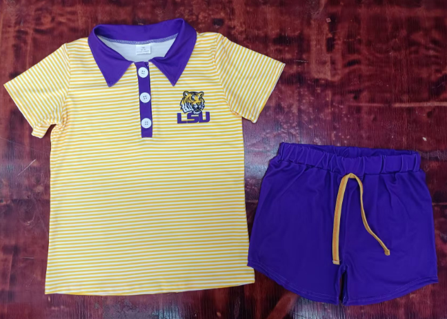 Preorder moq 5 Baby Boys Yellow Short Sleeves Tiger LSU Button Top Short Set