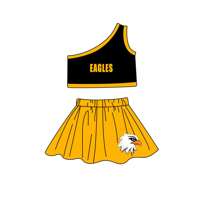 preorder(MOQ 5) Baby Girls One Shoulder Eagles Cheer Team Top Skirt Clothes Sets