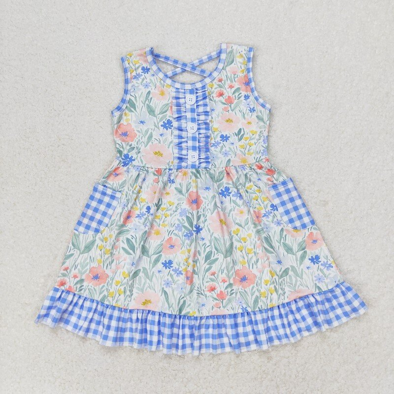 Baby Girls Blue Flowers Checkered Sibling Rompers Dresses Clothes Sets