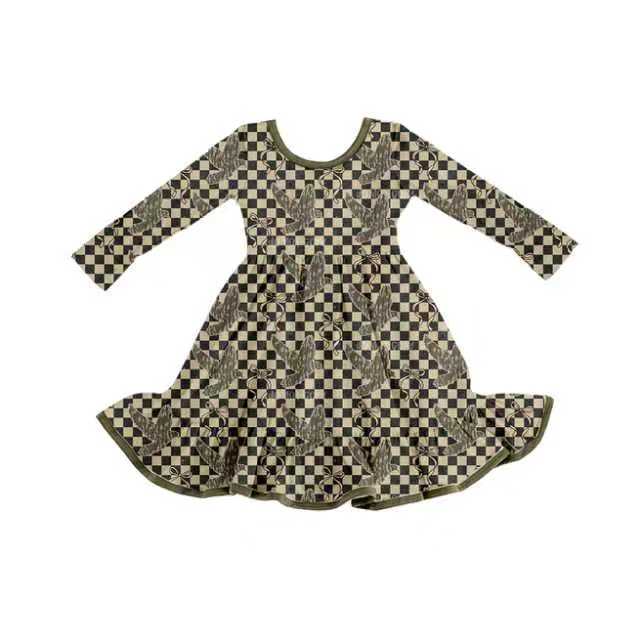 Preorder (moq 5)Baby Girls Black Checked Camo Ducks Ruffle Western Knee Length Dress