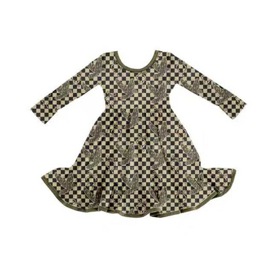Preorder (moq 5)Baby Girls Black Checked Camo Ducks Ruffle Western Knee Length Dress