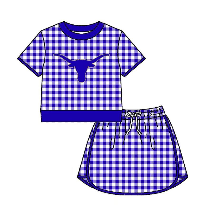 Preorder (moq 5)Baby Girls Blue Checked Texas Longhorns Top Skirt Short Team Clothes Set