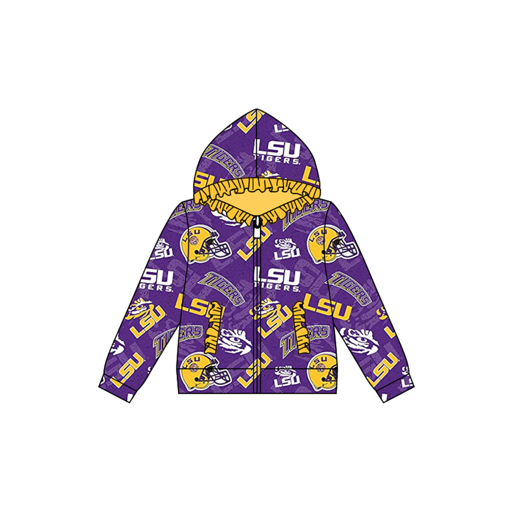 Preorder (moq 5)Baby Girls LSU Tiger Team Football Hooded Zip Ruffles Tops Jackets