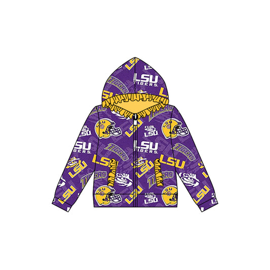 Preorder (moq 5)Baby Girls LSU Tiger Team Football Hooded Zip Ruffles Tops Jackets