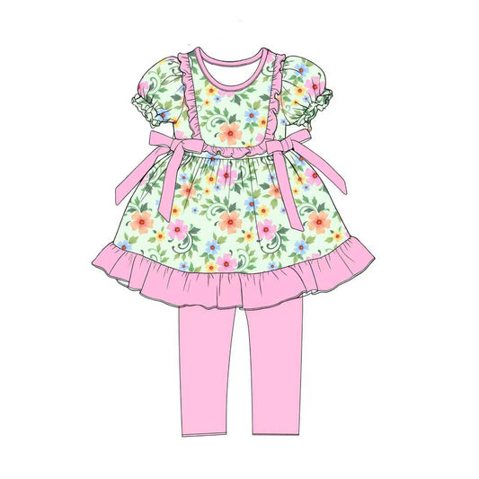 Preorder (moq 5)Baby Girls Colorful Flowers Bows Tunic Legging Pants Clothes Sets
