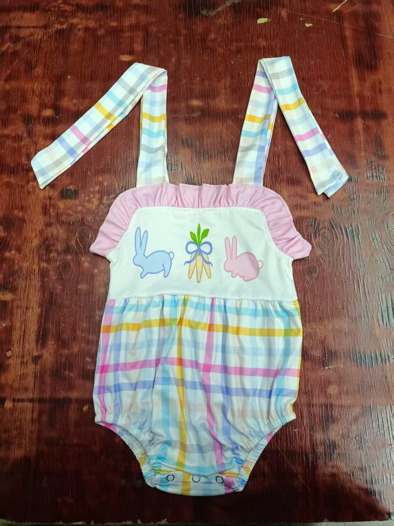 Preorder moq 5 Baby Girls Strap Bunny Carrots Colorful Plaid Easter Ruffle Rompers