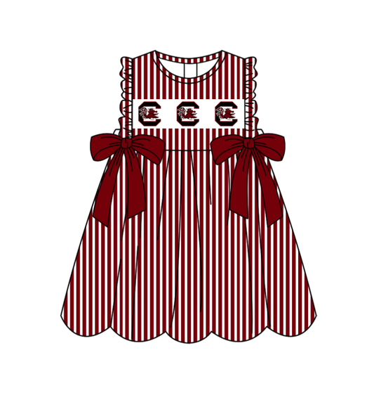 Preorder (moq 5)Baby Girls Sleeveless Dark Red Stripe C Bulls Bows Team Knee Length Dresses
