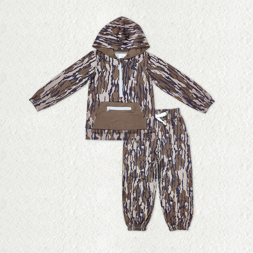 Baby Boys Olive Camo Pockets Zipper Hoodies Top Jogger Pants Western Clothes Sets