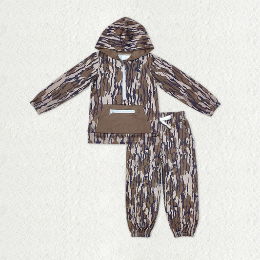 Baby Boys Olive Camo Pockets Zipper Hoodies Top Jogger Pants Western Clothes Sets