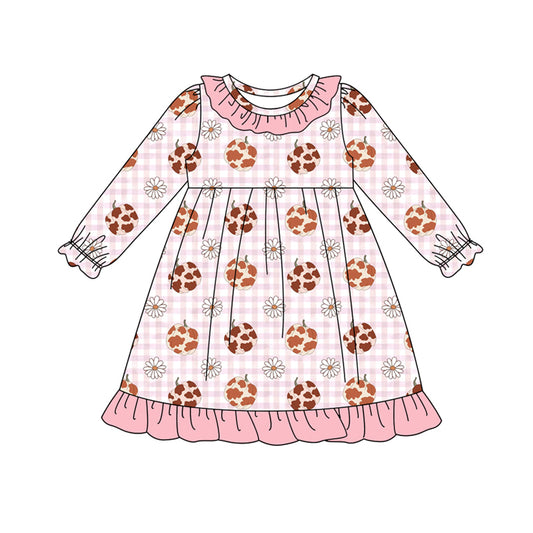 Preorder (moq 5)Baby Girls Pink Camo Pumpkins Daisy Plaid Fall Ruffle Knee Length Dresses