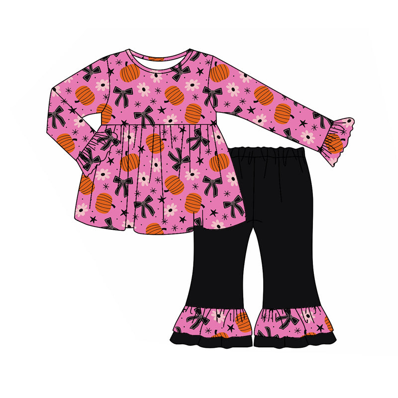 Preorder (moq 5)Baby Girls Bows Pumpkins Plaid Tunic Ruffle Pants Fall Set
