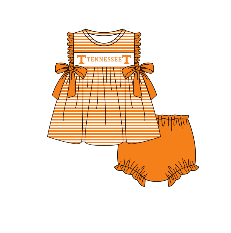 Preorder (moq 5)Baby Girls Orange Sleeveless Tennessee Stripe Tunic Bummies Team Clothes Sets