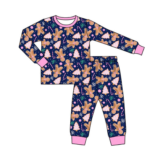 Preorder (moq 5)Baby Girls Gingerbread Trees Top Pants Christmas Pajamas Sets