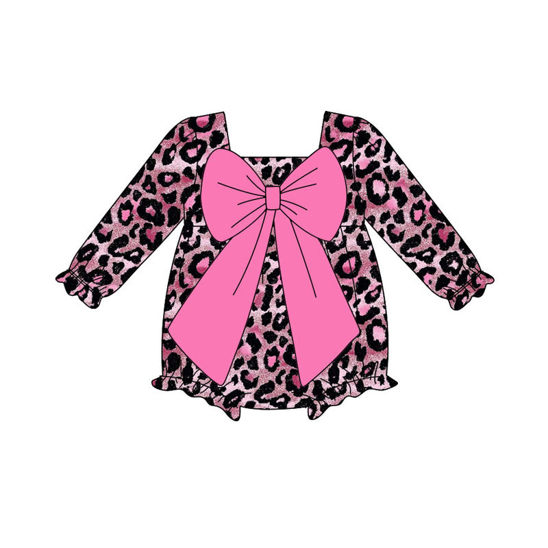 Preorder (moq 5)Baby Girls Pink Black Leopard Bows Ruffle Rompers