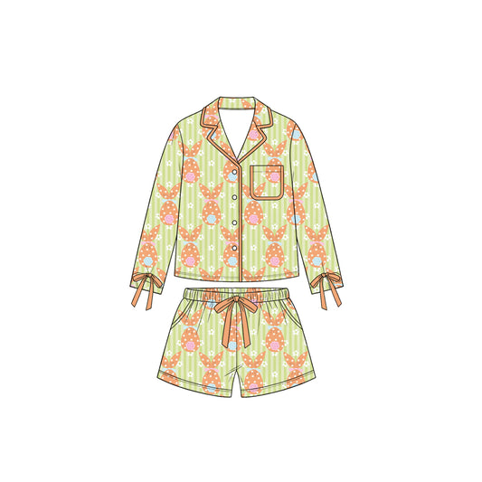 Preorder moq5 Womens' Green & Orange Candy Bag Bow Collared Long-Sleeve Pajama Top & Matching Elastic-Waist Shorts Set