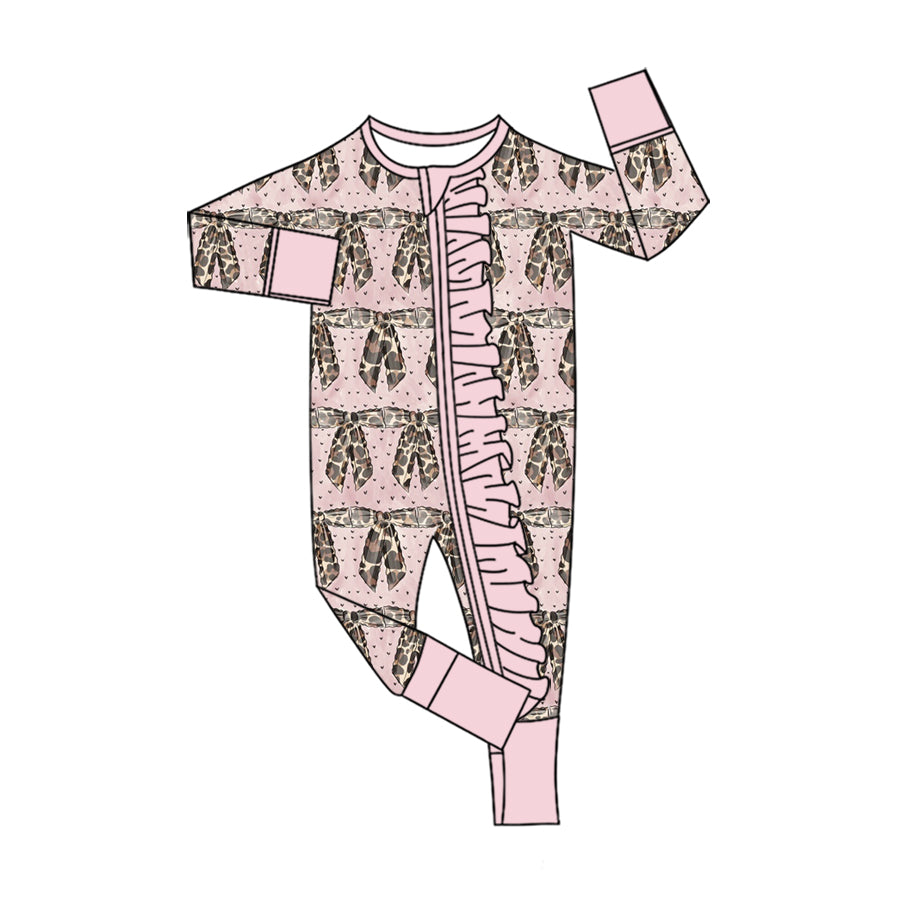 Preorder (moq 5) Baby Girl Clothes Leopard Bow Print Long Sleeve Ruffle Zipper Sleeper Romper