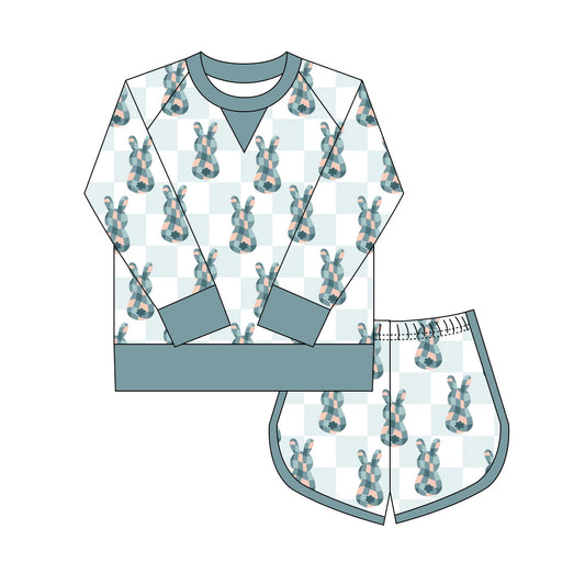 Preorder(moq 8)Baby Girls Light Blue Checked Rabbits Long Sleeve Top Shorts Easter Clothes Set
