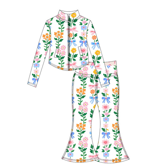 Preorder moq 10 Baby Girls Flowers Stripe Long Sleeves Flowers Plaid Pockets Zipper Top Bell Bottom Pant Activity Wear Yoga Set