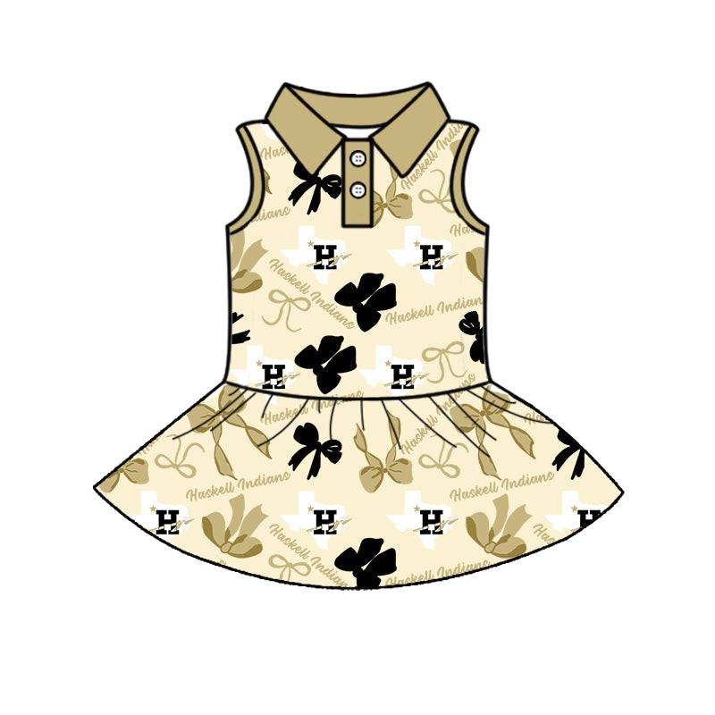 Preorder (moq 5)Baby Girls Sleeveless Haskell Indians Bows Plaid Button Team Knee Length Dresses