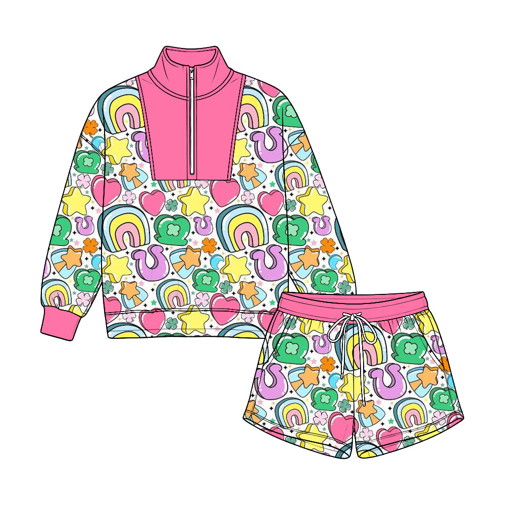 Pre-order(moq5) Kids’ Half-Zip Top & Shorts 2-Piece Set, Magenta Rainbow & Heart Print Outfit