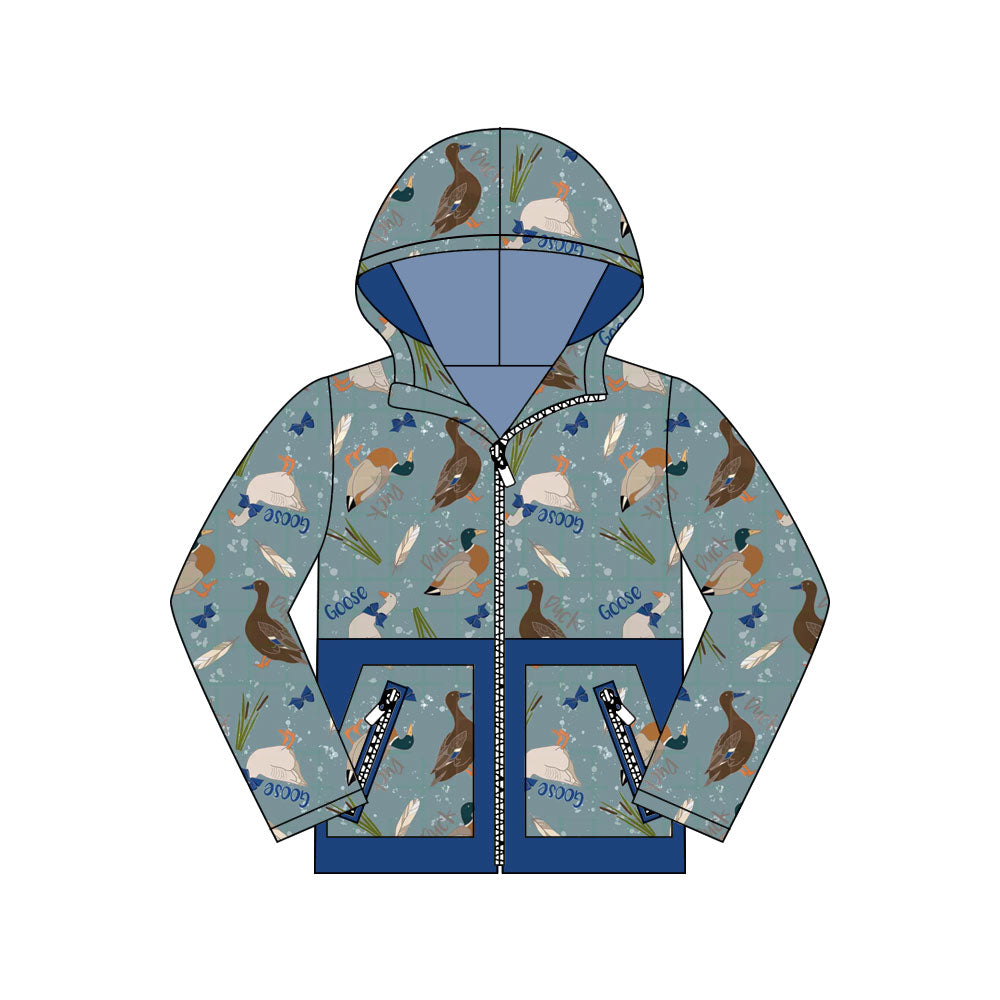 Preorder(moq 5)Baby Girls Hot Blue Ducks Gooses Plaid Pockets Zipper Hoodie Tops