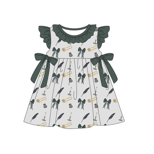Preorder (moq 5)Baby Girls Dark Green Flutter Sleeves Bows Feather Knee Length Dresses