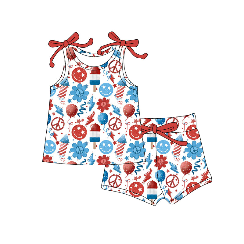 Preorder moq 5 Baby Girls Bows Sleeveless Blue Red Balloon Flowers Top Short 4th Of July Set