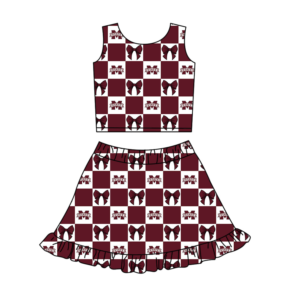 Preorder (moq 5)Baby Girls M State Bows Checked Vests Ruffle Skirt Shorts Team Clothes Sets