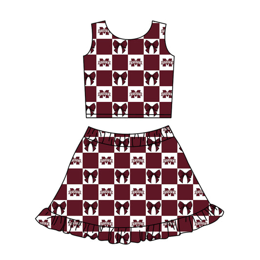 Preorder (moq 5)Baby Girls M State Bows Checked Vests Ruffle Skirt Shorts Team Clothes Sets