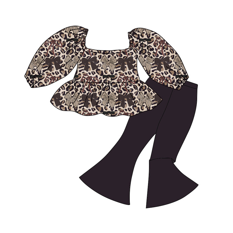 Preorder (moq 5)Baby Girls Leopard Bows Ruffle Tunic Bell Bottom Pants Western Clothes Sets