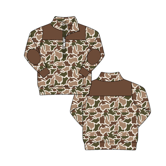 Preorder（moq 5）boys Fall Thanksgiving Brown Camo Dinosaur Half-Zip Top, Casual Jacket