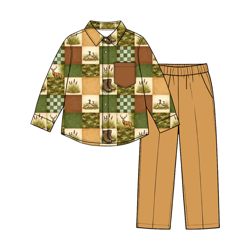 Preorder(moq5) Boys 2-Piece Casual Clothing Set Hunting Patchwork Deer Duck Print Sweatshirt Joggers Kids Outfit