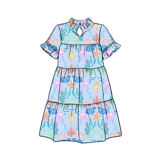 Preorder (moq 5)Baby Girls Short Ruffle Sleeve Sea World Patchwork Knee Length Dresses