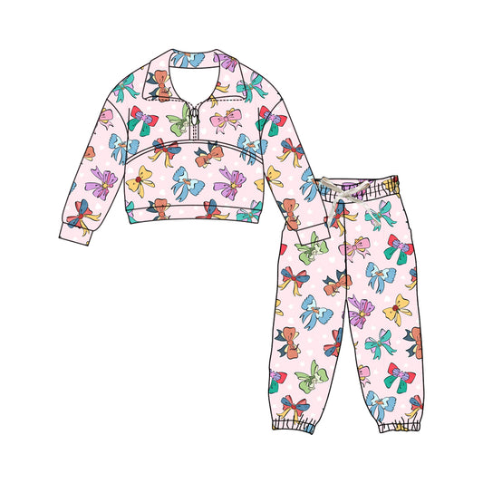 Preorder (moq 5)Baby Girls Colorful Bows Hearts Zipper Top Jogger Pants Valentines Clothes Sets