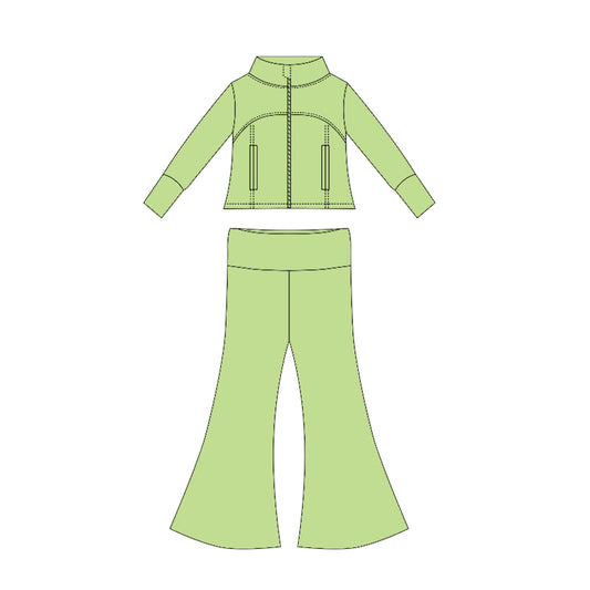 Preorder moq 10 Baby Girls Green Long Sleeves Pockets Zipper Top Bell Bottom Pant Set