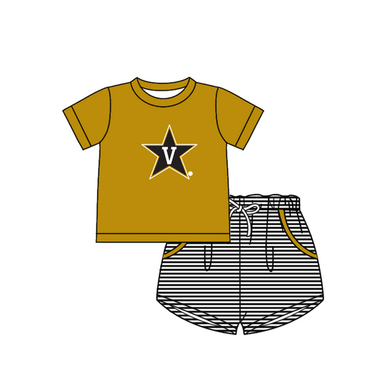 Preorder (moq 5)Baby Boys Gold V Top Pockets Stripe Short Team Clothes Set