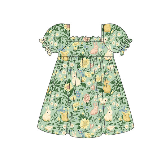 Preorder (moq 5)Baby Girls Green Ruffle Sleeve Rabbits Flowers Easter Knee Length Dress