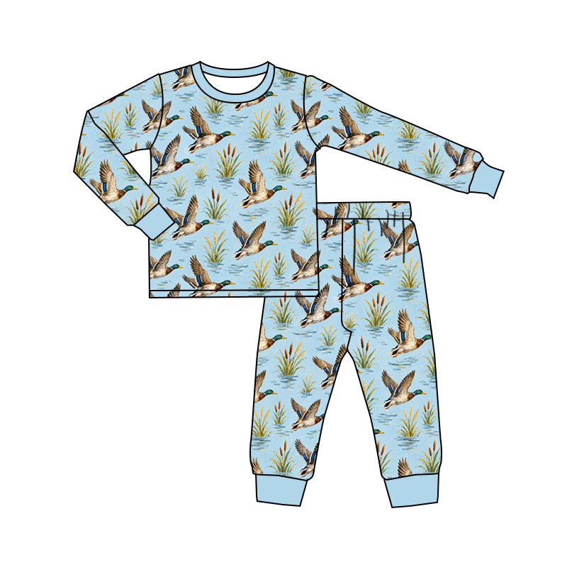 Preorder (moq 5) Baby Boy Clothes Sky Blue Reeds Mallard Duck Allover Print Long Sleeve Jogger Pajama Set