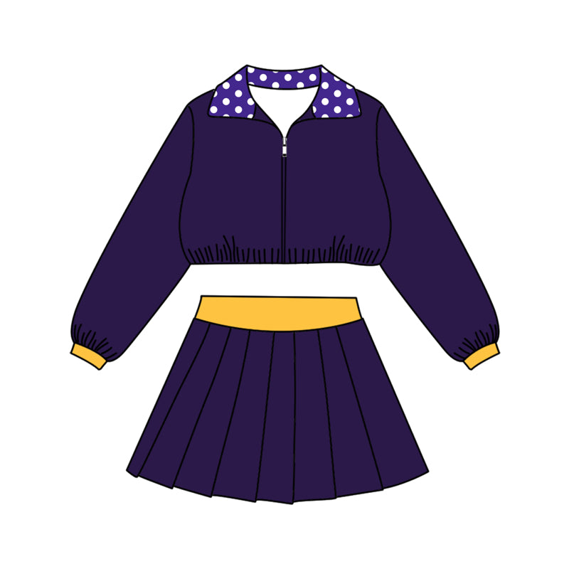 Pre-order(moq5) Kids Full Zip Collared Cropped Jacket Pleated Skirt 2‑Piece Athletic Set