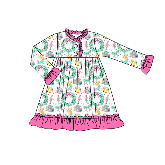 Preorder (moq 5)Baby Girls Long Sleeves Holly Soldiers Button Ruffle Knee Length Dresses