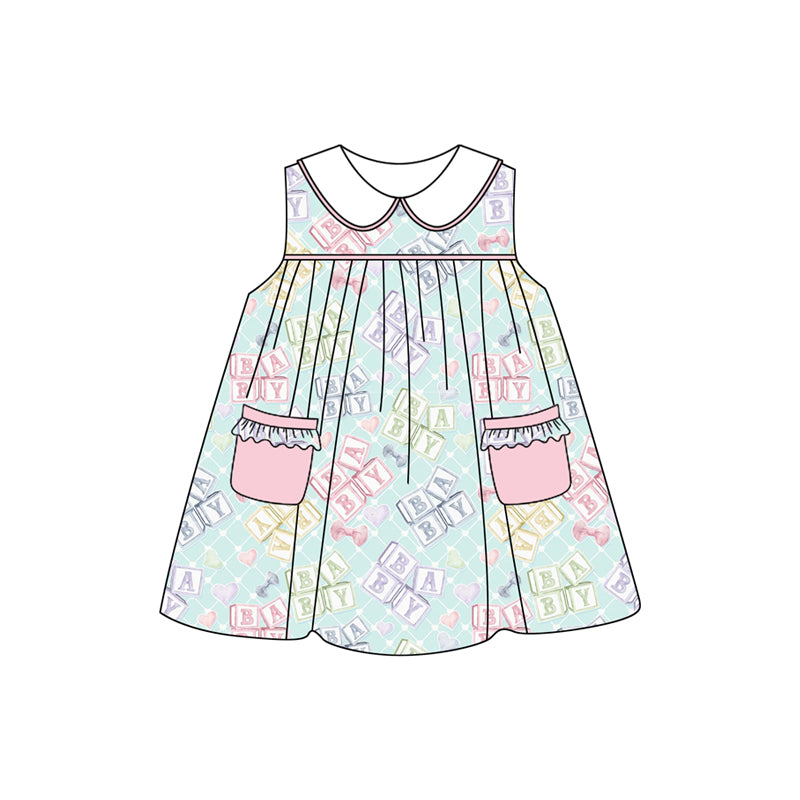 Preorder (moq 5)Baby Girls Sleeveless Letters Plaid Pink Pockets Dresses