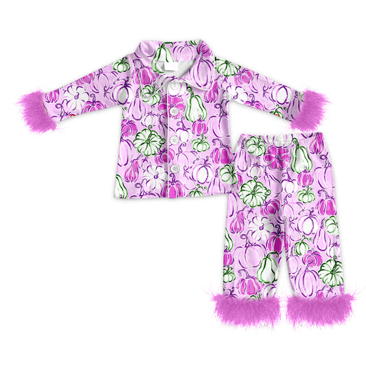 Preorder (moq 5)Baby Girls Long Sleeves With Fur Pink Floral Pumpkins Button Top Pant Pajamas Set